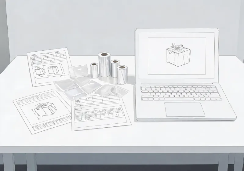 Illustration of a procurement desk reviewing shrink-wrap specification sheets, not a mapped storefront