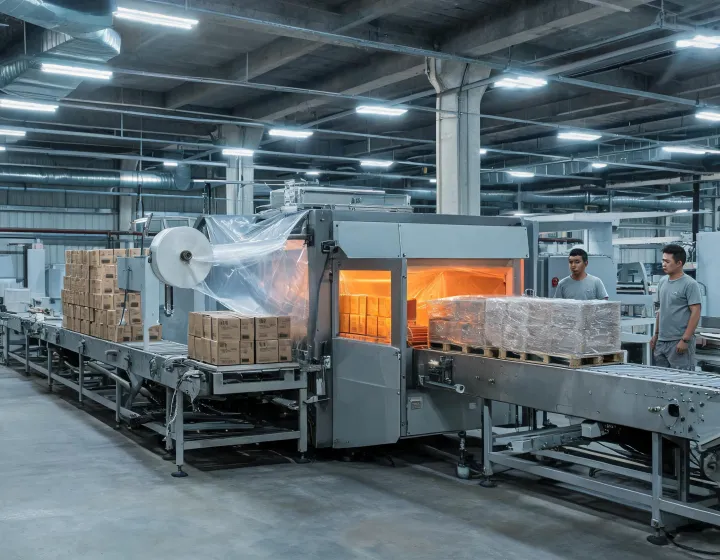 Shrink wrapping machine with film, packs entering a heat tunnel